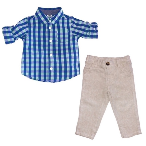 6-12M Plaid Button Down Shirt & Linen Pant - Picture 1 of 7